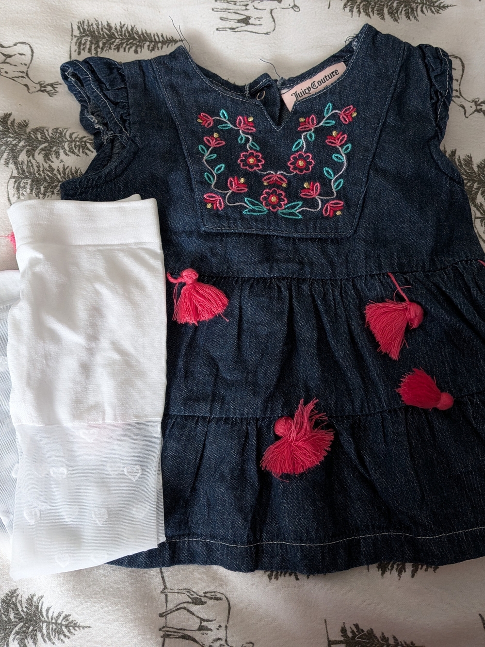 Juicy Couture Dark Blue Denim Baby Dress with Pink Tassels and Embroidery